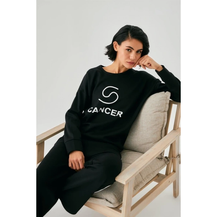 Moda Kadın Siyah Yengeç Burcu Oversize 2 İplik Eşofman Ev Giyim Takımı