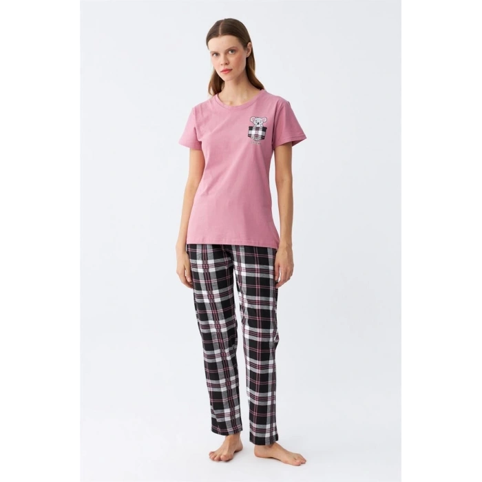 Moda Kadın Somon Ayıcık Baskılı Ekoseli Penye Pijama Takımı