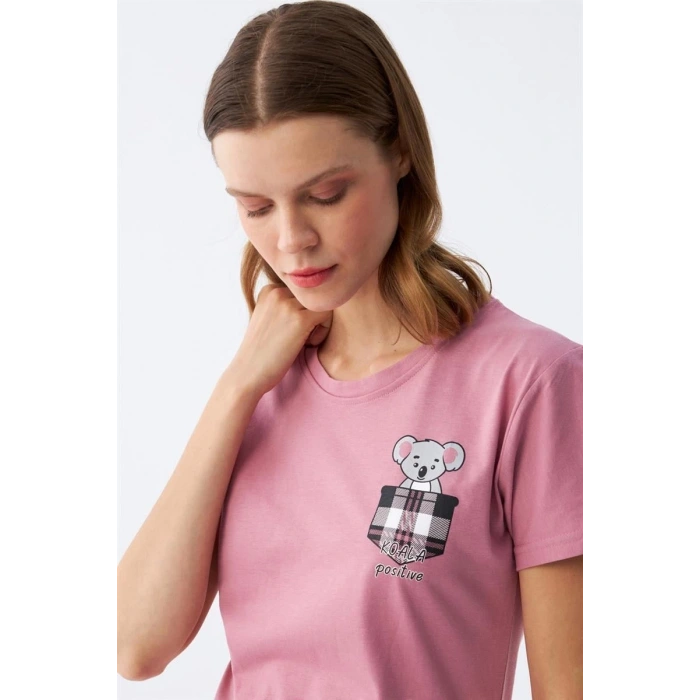 Moda Kadın Somon Ayıcık Baskılı Ekoseli Penye Pijama Takımı