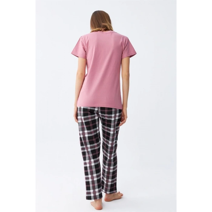 Moda Kadın Somon Ayıcık Baskılı Ekoseli Penye Pijama Takımı