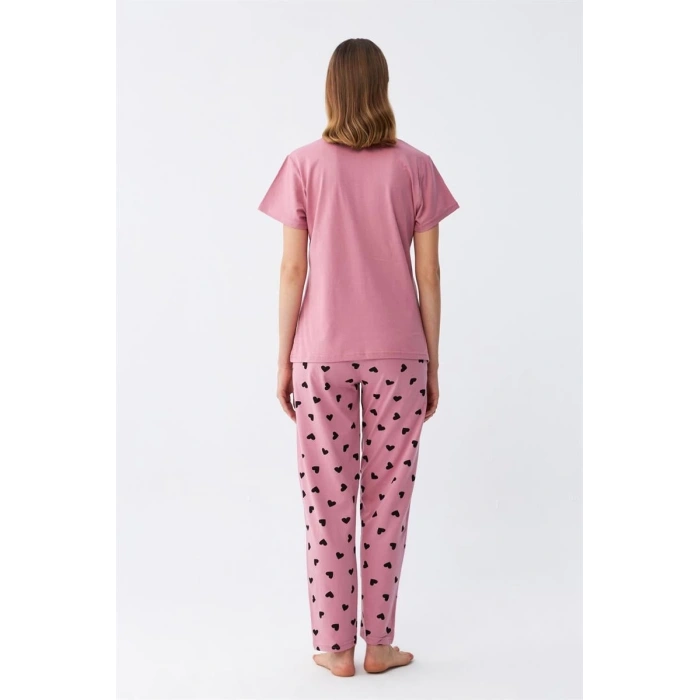 Moda Kadın Somon Kalp Desenli Kısa Kollu Penye Pijama Takımı