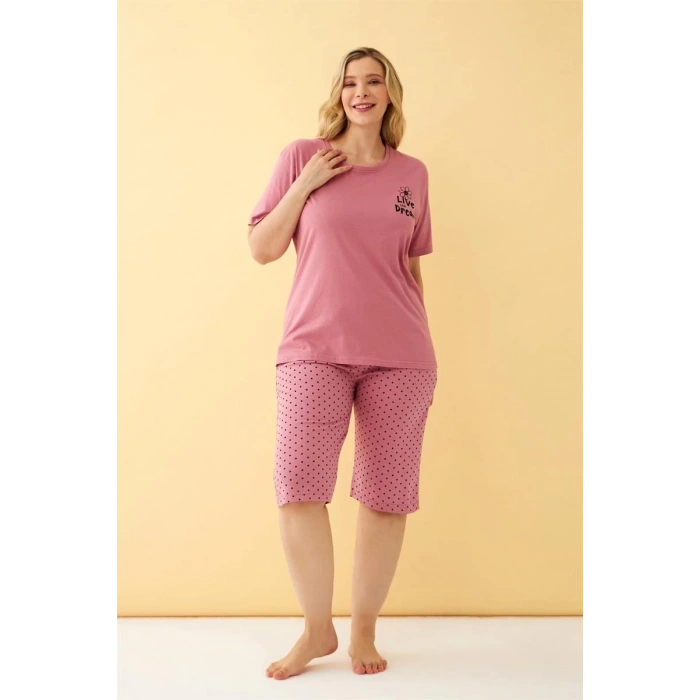 Moda Kadın Somon “Live the Dream” Yazılı Büyük Beden Kapri Pijama Takımı
