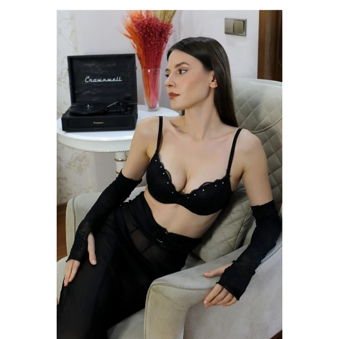 Moda Kadın Taş Detaylı Sütyen Takım Siyah