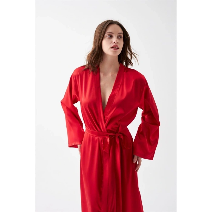 Moda Kadın Uzun Kırmızı Saten Sabahlık