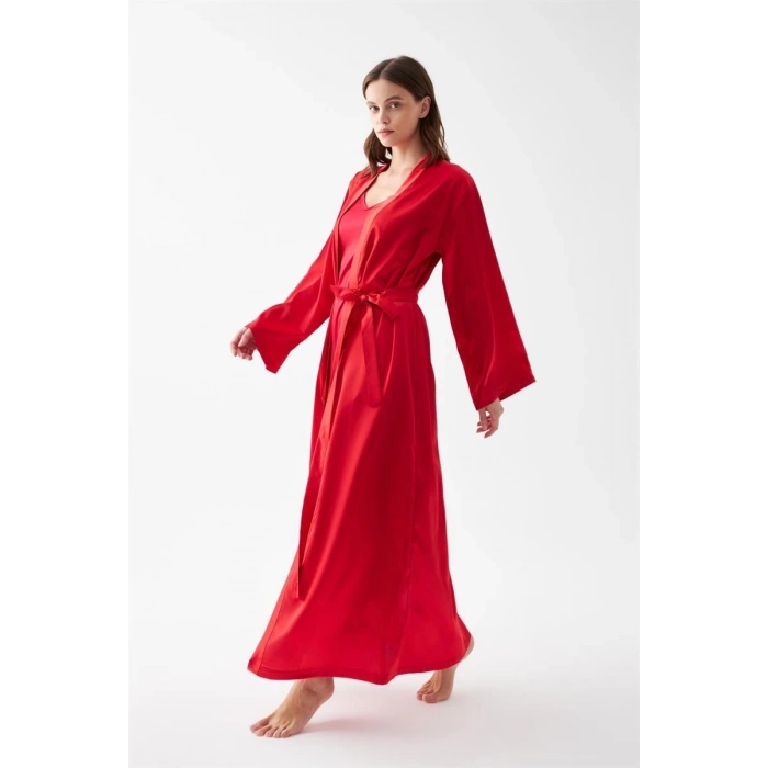 Moda Kadın Uzun Kırmızı Saten Sabahlık