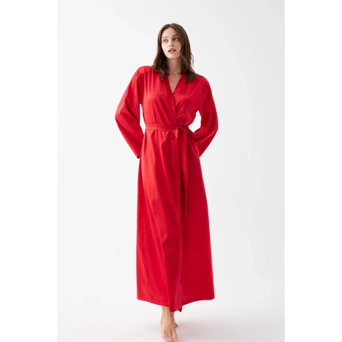 Moda Kadın Uzun Kırmızı Saten Sabahlık
