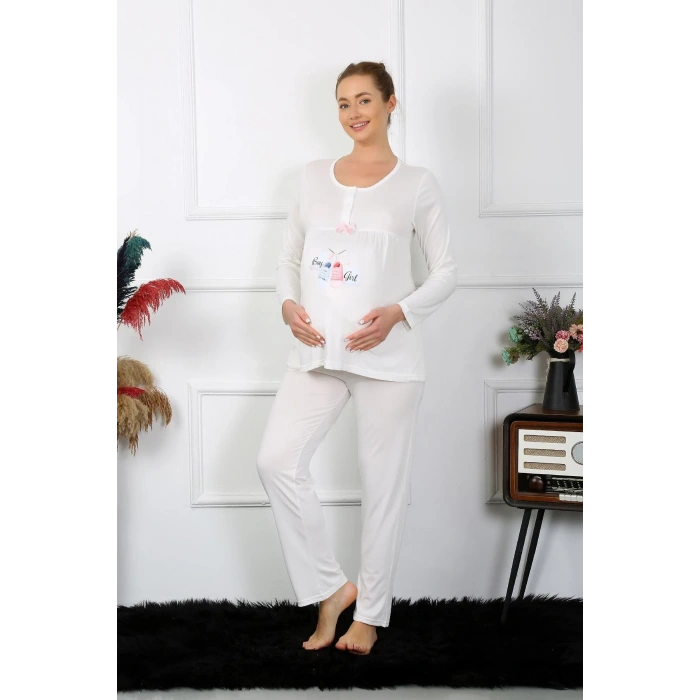 Moda Kadın Uzun Kol Hamile Lohusa Pijama Takımı Ekru
