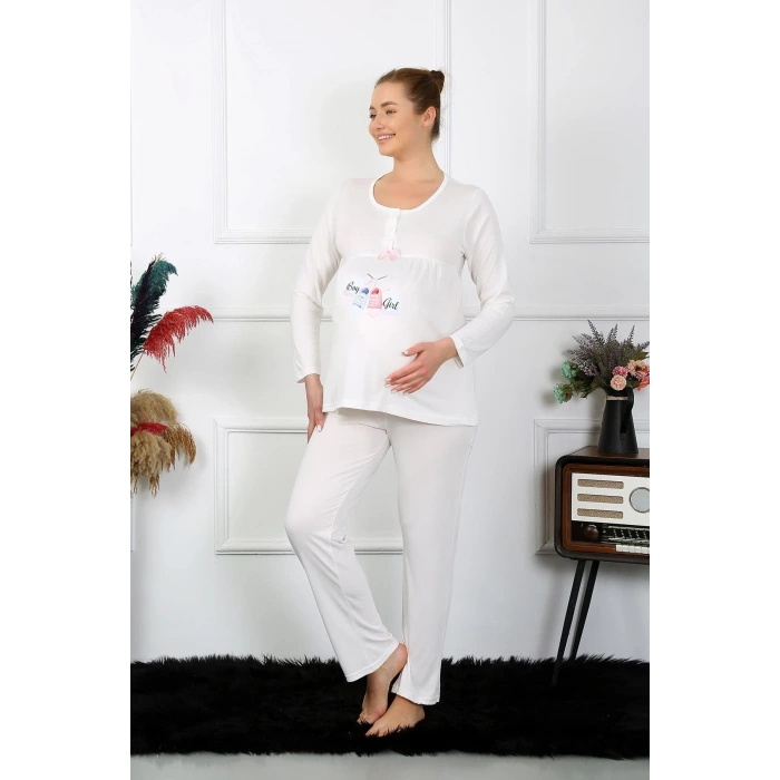 Moda Kadın Uzun Kol Hamile Lohusa Pijama Takımı Ekru