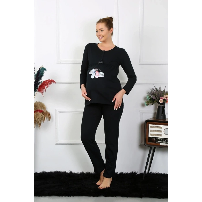 Moda Kadın Uzun Kol Hamile Lohusa Pijama Takımı Siyah