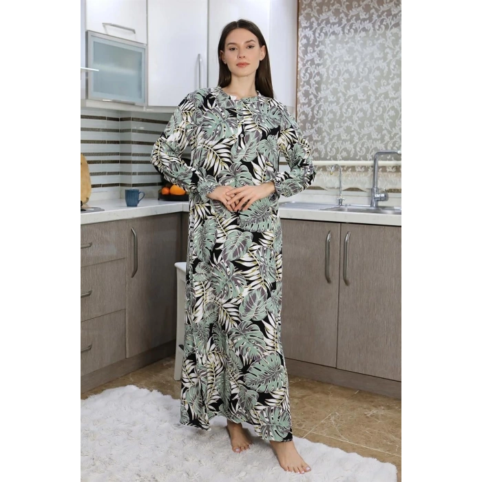 Moda Kadın Uzun Kol Penye Gecelik Ev Elbisesi SuYeşili