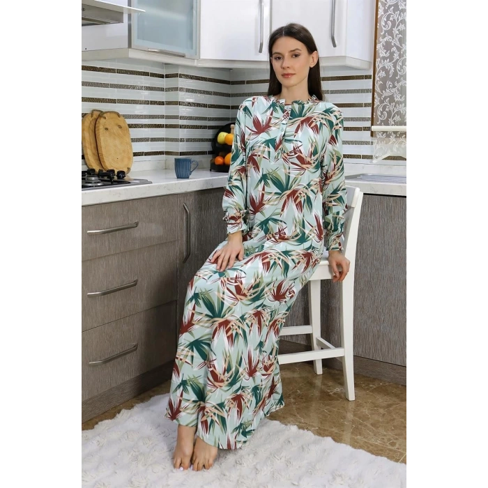 Moda Kadın Uzun Kol Penye Gecelik Ev Elbisesi Yeşil