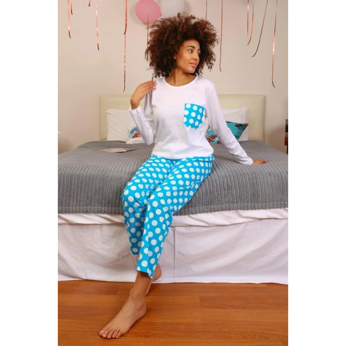 Moda Kadın Uzun Kol Penye Pijama Takım Beyaz