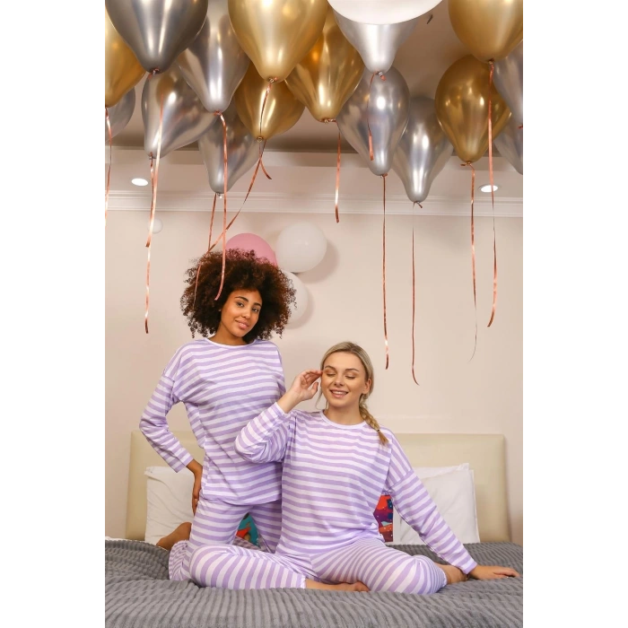 Moda Kadın Uzun Kol Penye Pijama Takım Lila
