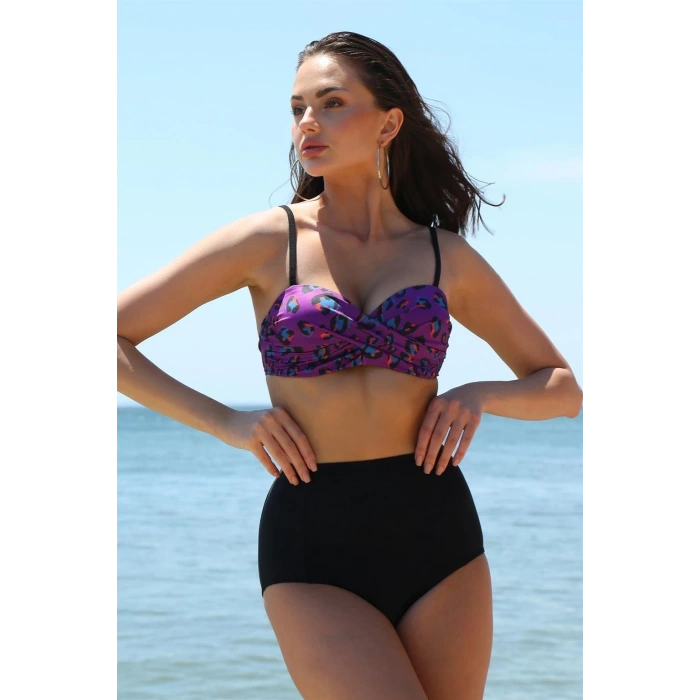 Moda Kadın Yüksel Bel Straplez Mor Bikini