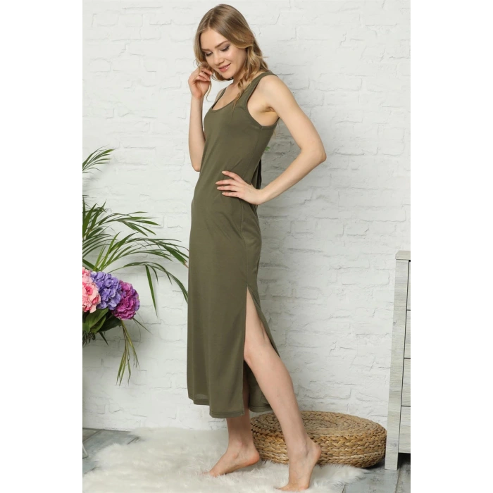 Moda Kalın Askılı Haki Penye Uzun Gecelik