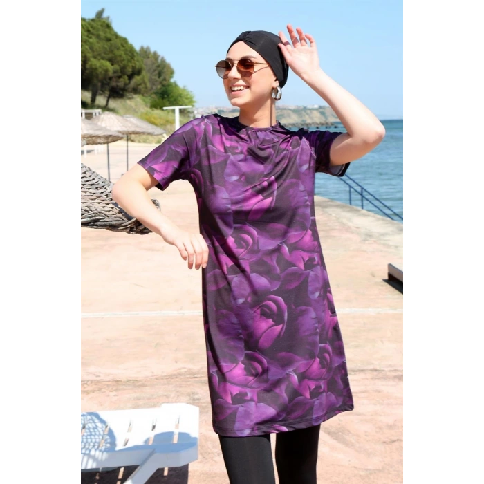 Moda Kısa Kol Güllü Yarım Tesettür Mayo Mor