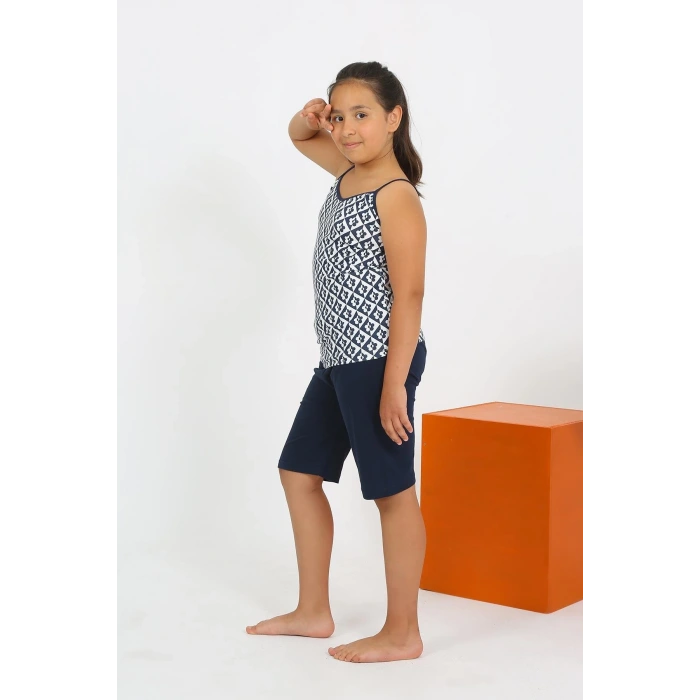 Moda Kız Çocuk İp Askılı Şortlu Penye Lacivert Pijama Takım