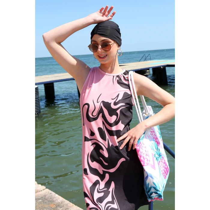 Moda Sıfır Kol Desenli Yarım Tesettür Mayo Mor