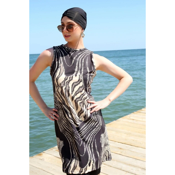 Moda Sıfır Kol Leopar Yarım Tesettür Mayo Siyah