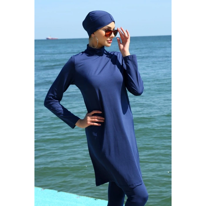 Moda Uzun Kol Likralı Lacivert Tesettür Mayo