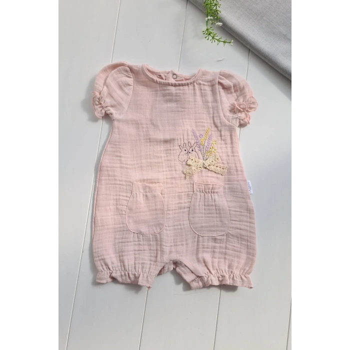 Müslin Kumaş Çiçek Nakışlı Pamuklu Kız Bebek Tulum