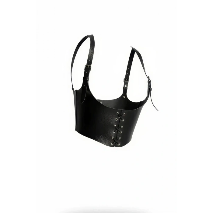 Omuzdan Askılı Deri Korse Kemer, Siyah Kadın Deri Kemer - Brf1428