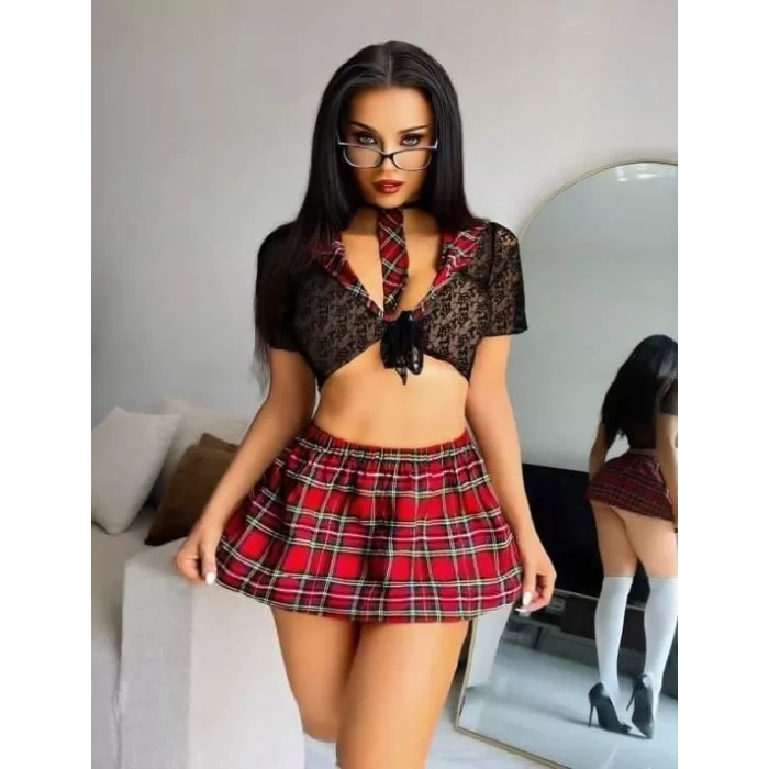 Özel Tasarım Bordo Ekose Desenli Dantel İşlemeli Fantezi Mini Liseli Kostüm