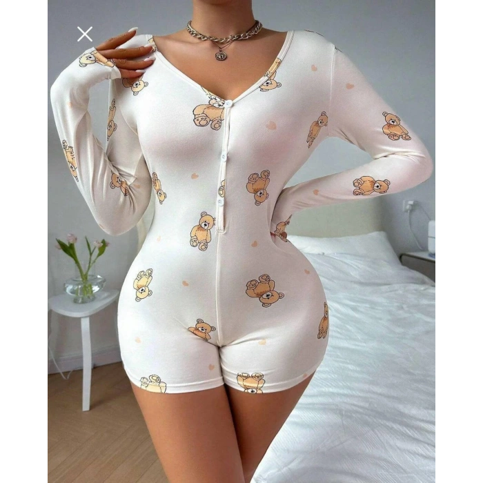 Pamuklu Beyaz Ayıcık Desenli Düğmeli Uzun Kol Tulum Pijama