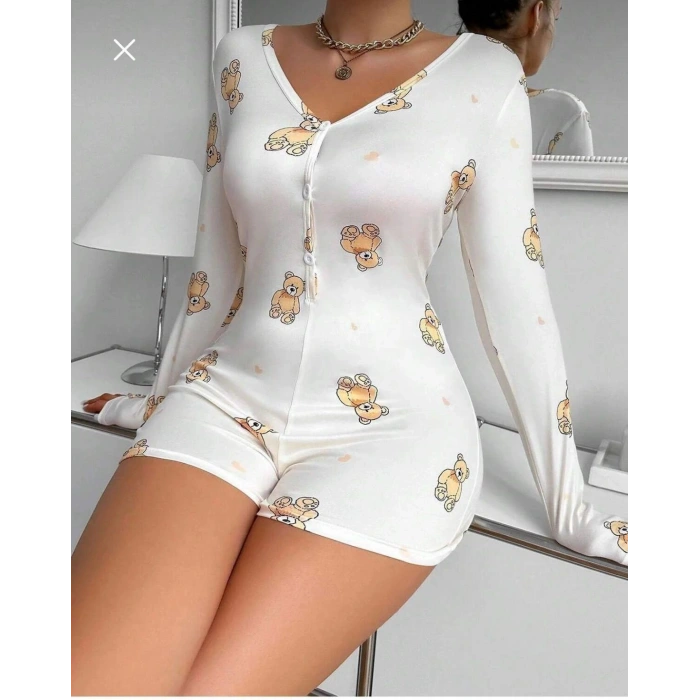 Pamuklu Beyaz Ayıcık Desenli Düğmeli Uzun Kol Tulum Pijama