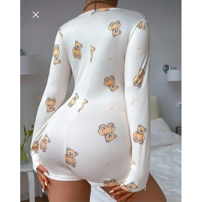 Pamuklu Beyaz Ayıcık Desenli Düğmeli Uzun Kol Tulum Pijama