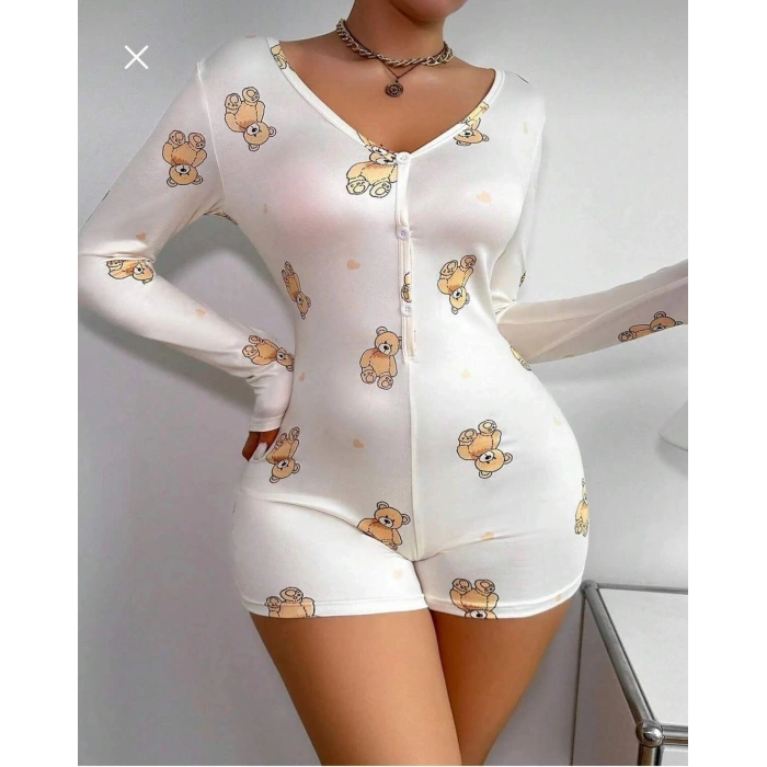 Pamuklu Beyaz Ayıcık Desenli Düğmeli Uzun Kol Tulum Pijama