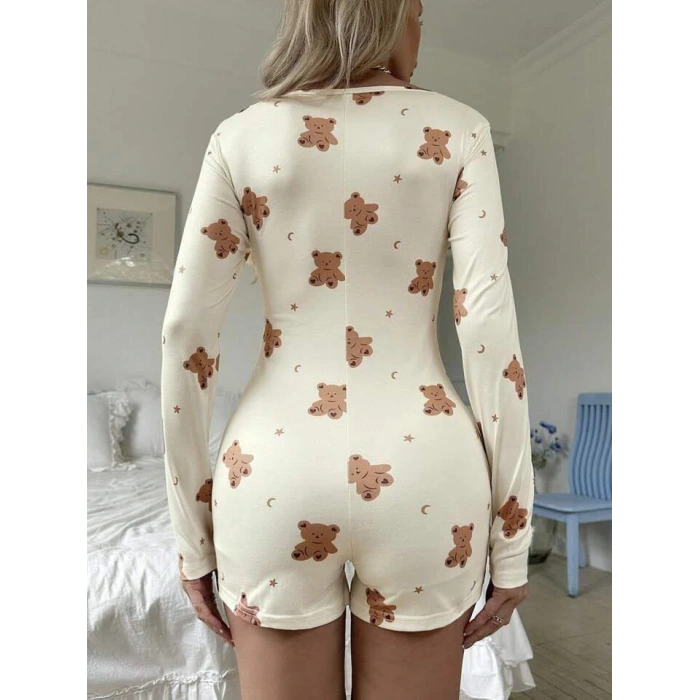 Pamuklu Ekru Ayıcık Desenli Düğmeli Tulum Pijama