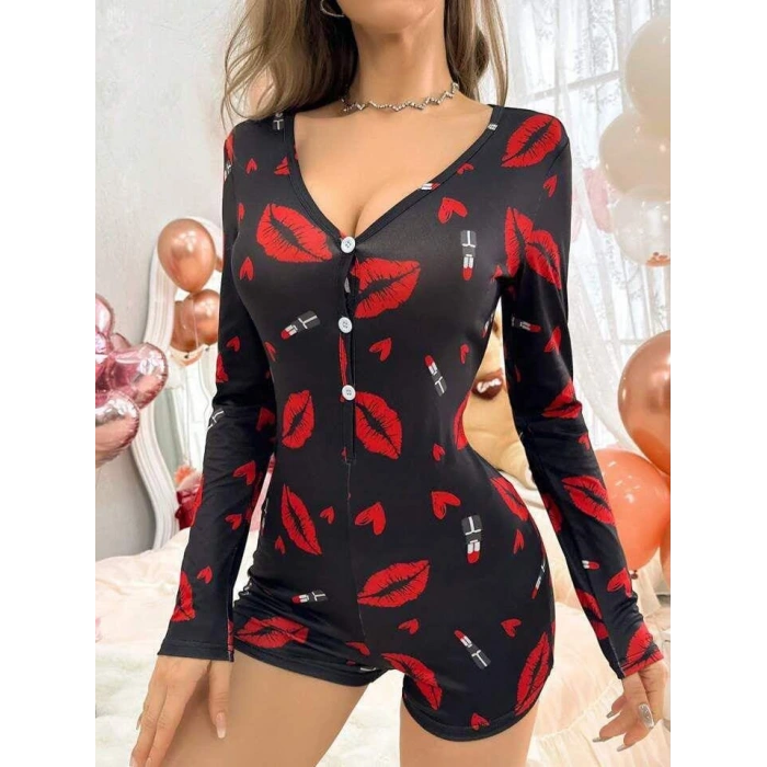 Pamuklu Kırmızı Ruj Desenli Düğmeli Uzun Kol Tulum Pijama