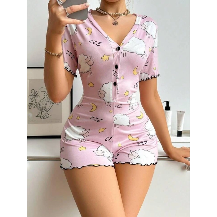 Pamuklu Pembe Kuzu Desenli Düğmeli Uzun Kol Tulum Pijama