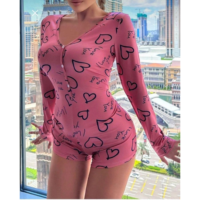 Pamuklu Pembe Siyah Kalp Desenli Düğmeli Uzun Kol Tulum Pijama
