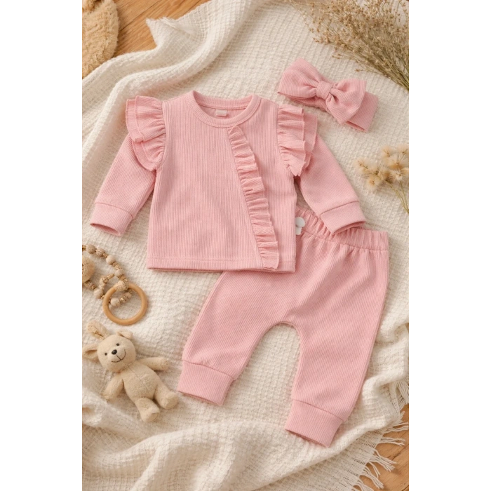 Pembe Fırfırlı 3’lü Kız Bebek Takımı