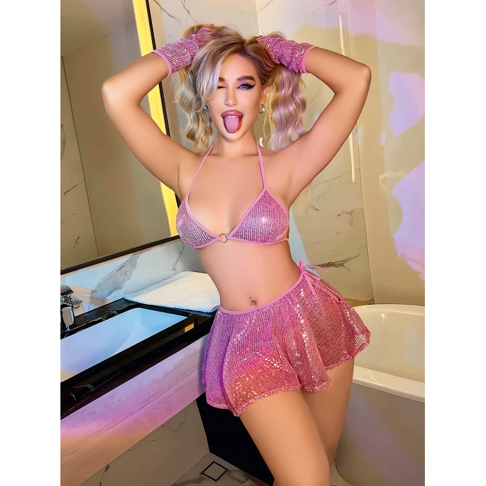 Pembe Parlak Işıltılı Fantezi Etekli Sütyen Takımı