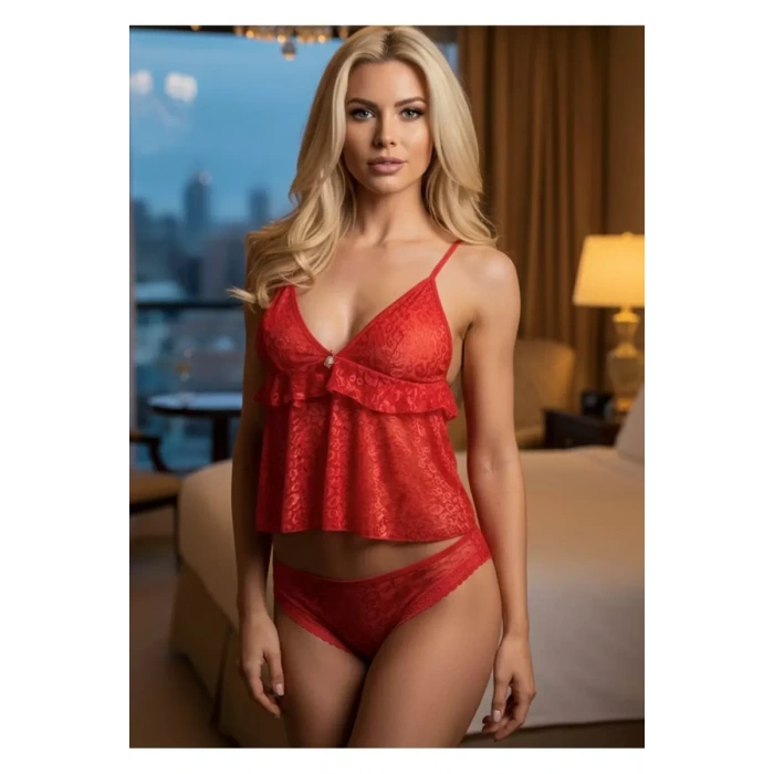Premium Seri Kırmızı Leopar Desenli İkili Takım