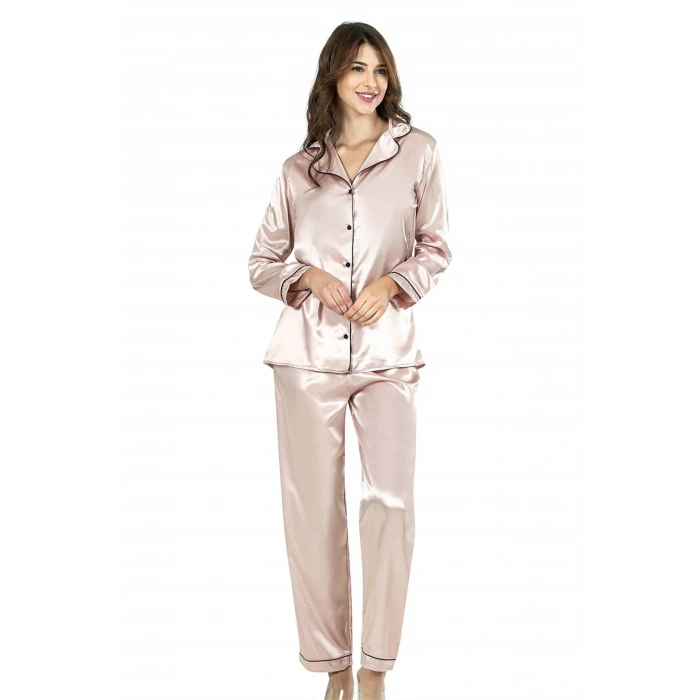 Pudra İkili Saten Gecelik Pijama Takımı 7647