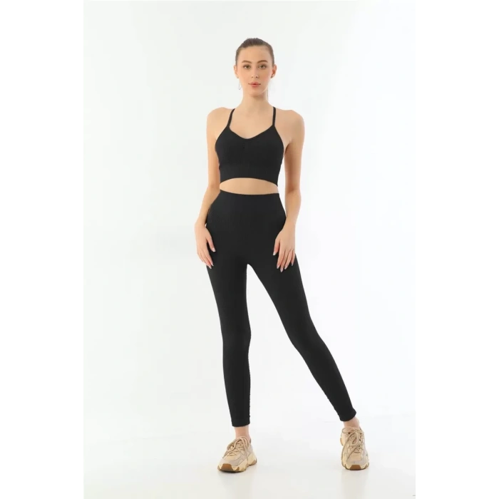 Siyah  3921 Soft Seamless Ripli Tayt Yoga Takımı