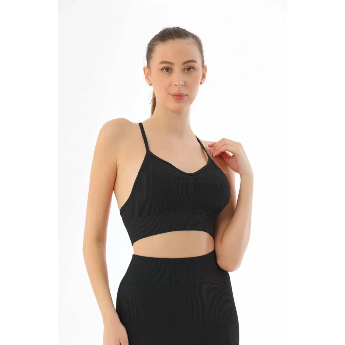 Siyah  3921 Soft Seamless Ripli Tayt Yoga Takımı