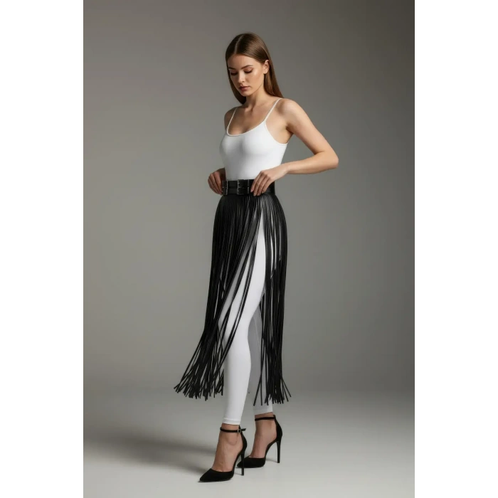 Siyah Etek Deri Uzun İnce Şerit Detaylı Etek - Brf1090