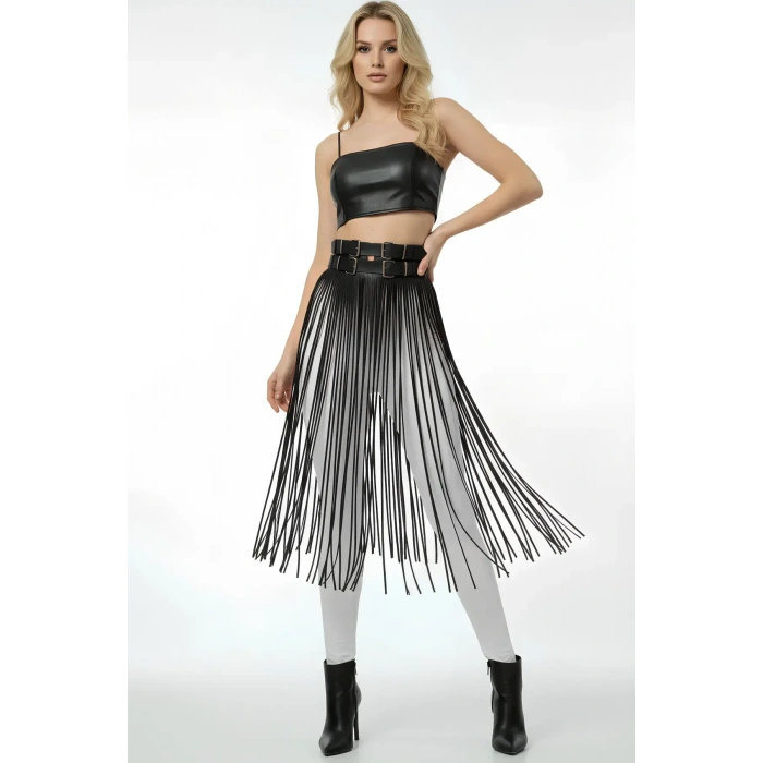 Siyah Etek Deri Yüksek Bel Etek Çift Tokalı Uzun - Brf1090
