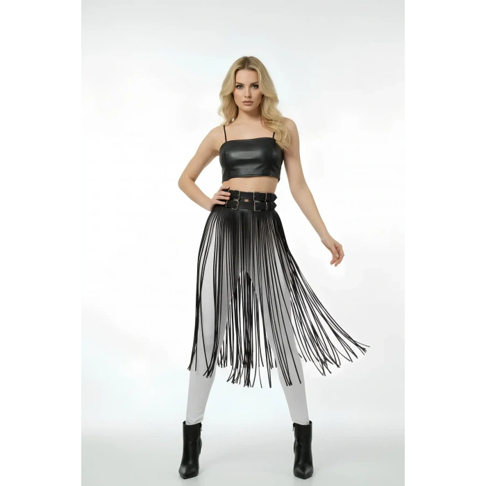 Siyah Etek Deri Yüksek Bel Etek Çift Tokalı Uzun - Brf1090