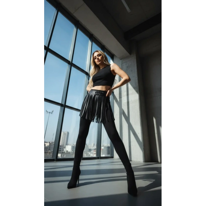 Siyah Etek Suni Deri Etek Püsküllü Mini Etek Boy - Brf1400