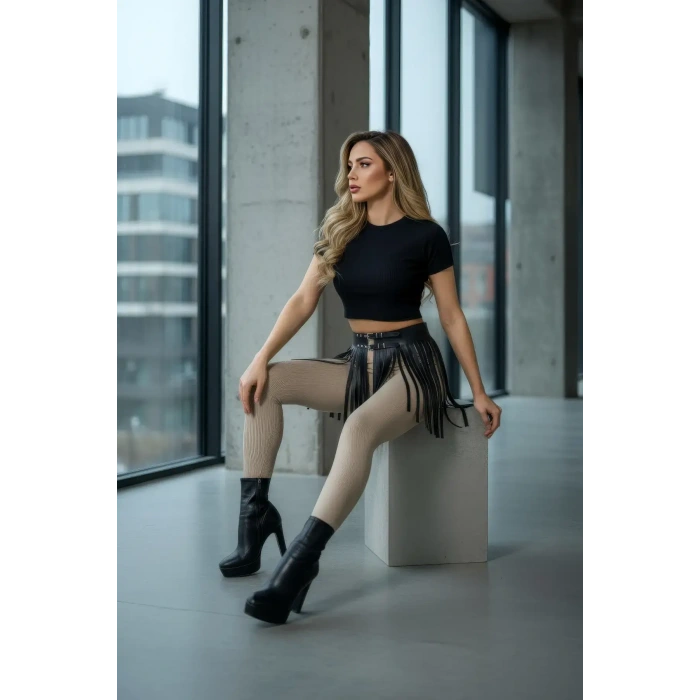 Siyah Etek Suni Deri Etek Püsküllü Mini Etek Boy - Brf1400