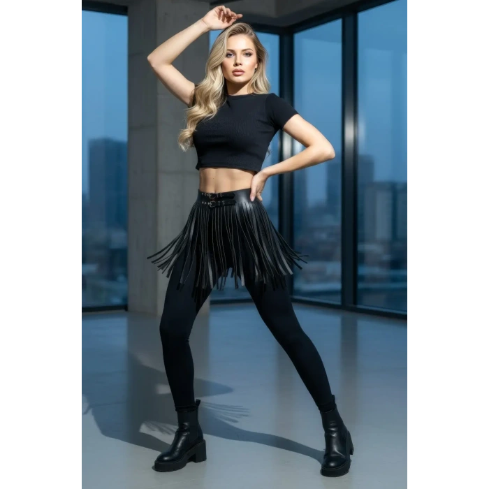 Siyah Etek Suni Deri Etek Püsküllü Mini Etek Boy - Brf1400