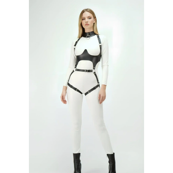 Siyah Göğüs Harness Deri Tokalı Vücut Korse - Brf1402