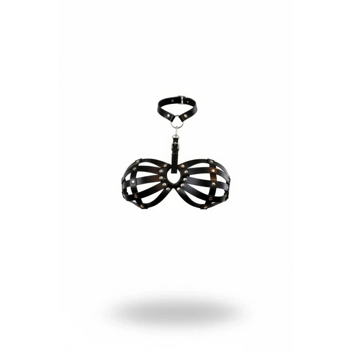 Siyah Göğüs Harness Kafes Detaylı Zımbalı Boyunluk - Brf224