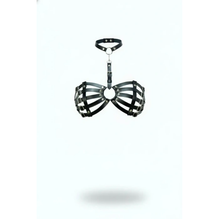 Siyah Göğüs Harness Yaka Detaylı Kafes Yapılı Deri - Brf1408